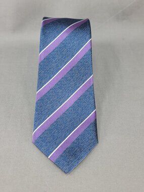 RW&Co Necktie Tie Mens Blue Purple White Silk Repp Stripe Trad Ivy Preppy Style